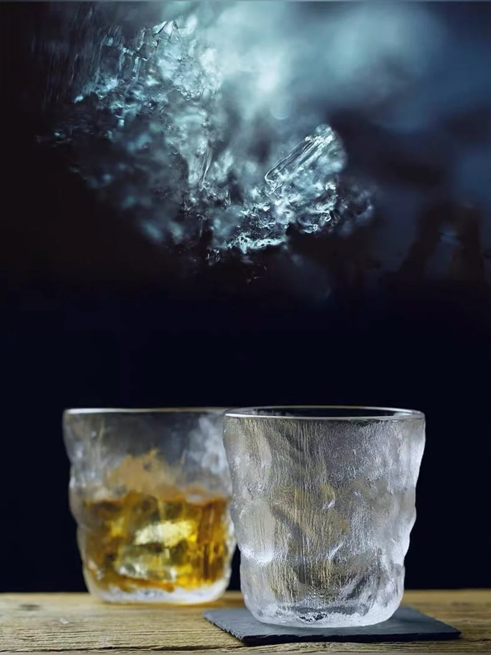 Japanese Style Handmade Glacier Glass Whiskey Tumbler 280ml with Wooden Box